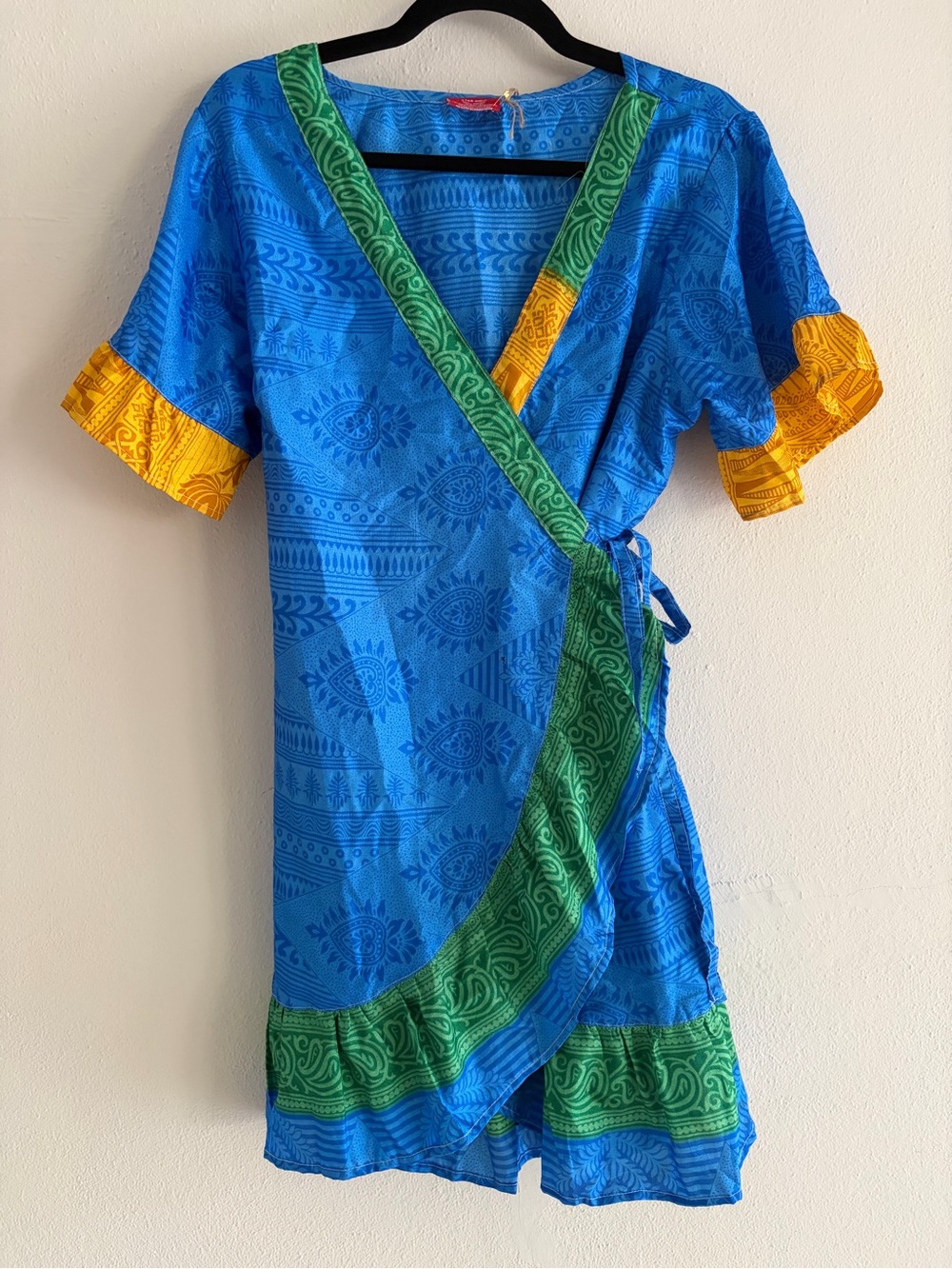 Blue Wrap Dress with Green Trim and Mustard Accents from India